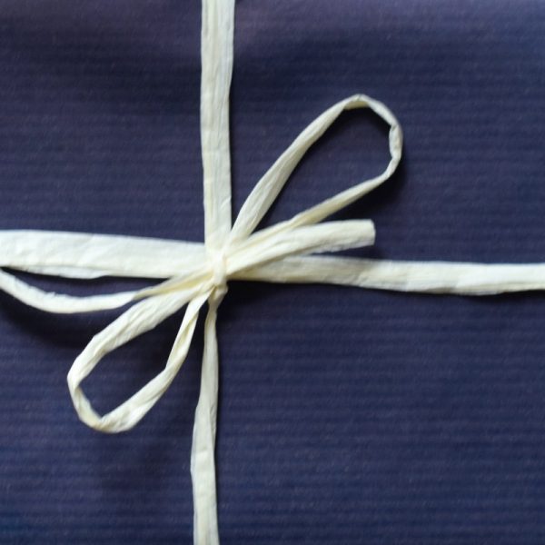 Navy kraft wrap with rafia ribbon