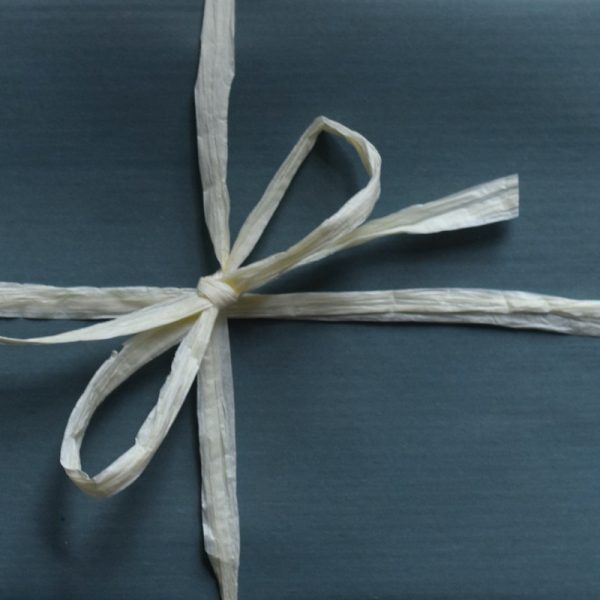 Teal kraft wrap with rafia ribbon